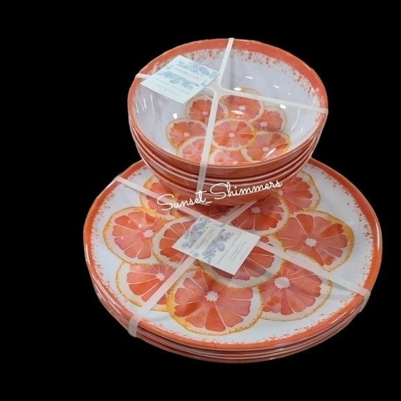 X8 Shabby Chic SUMMER CITRUS GRAPEFRUIT Thick Melamine Dinner Plates & Bowl Set - Picture 8 of 8